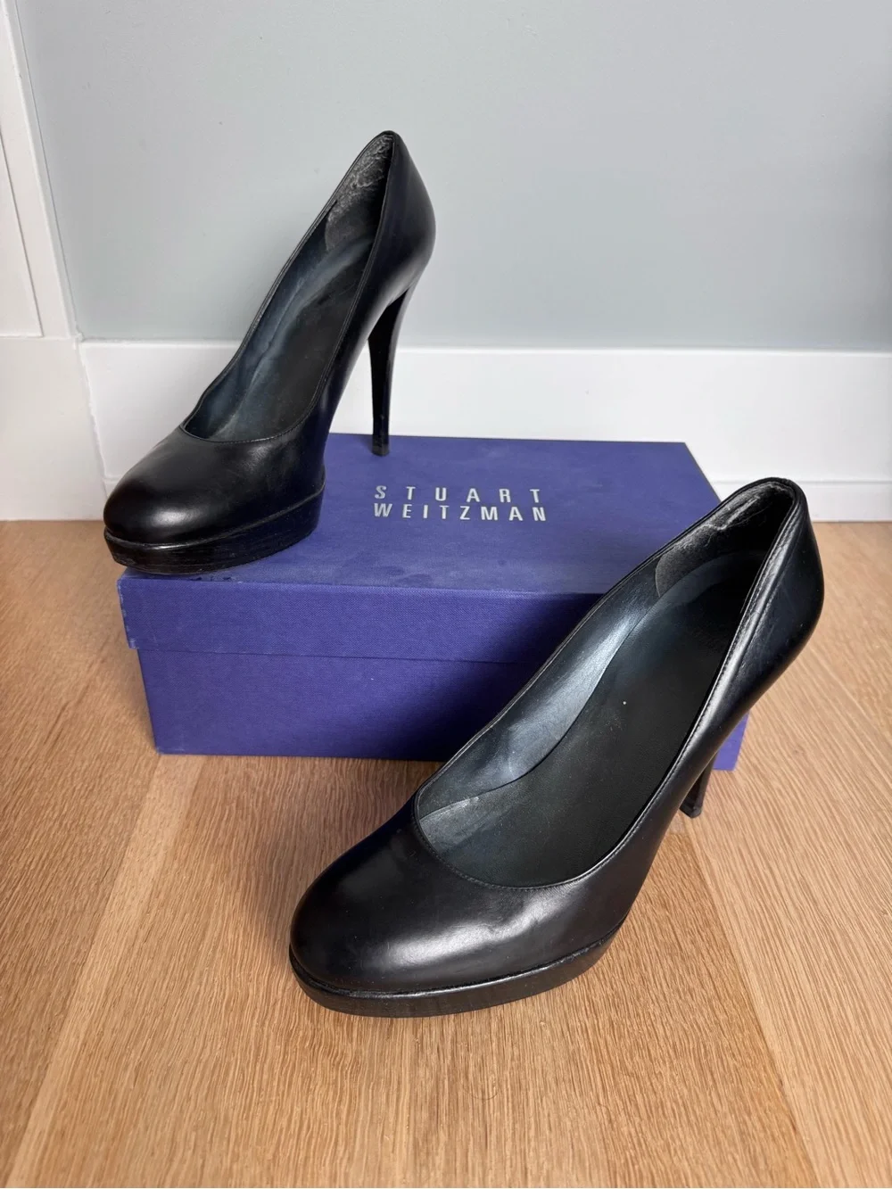 Stuart Weitzman Black Leather Platform Stiletto Pumps
